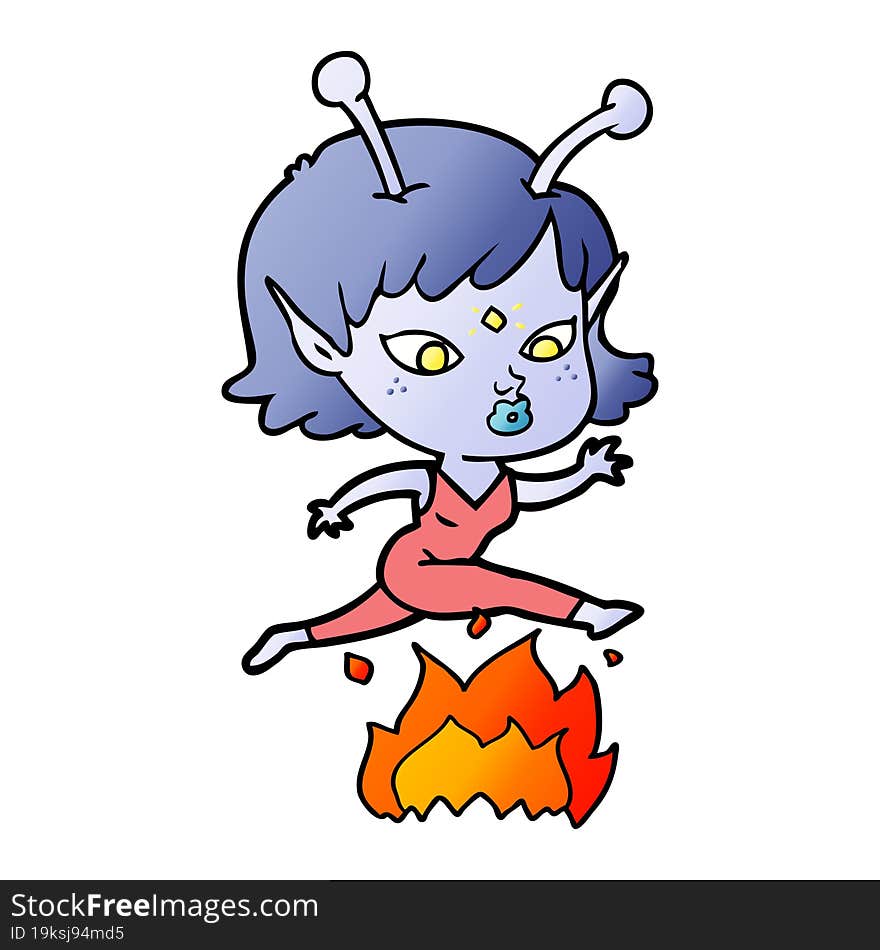 pretty cartoon alien girl jumping over fire. pretty cartoon alien girl jumping over fire