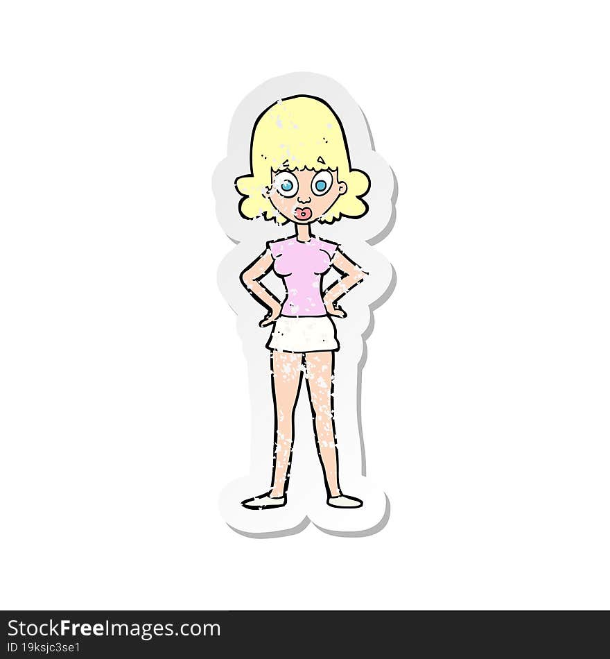 retro distressed sticker of a cartoon surprised woman