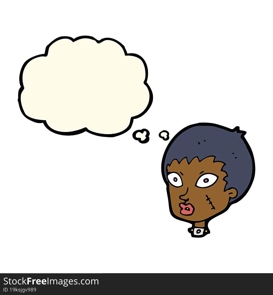 cartoon female zombie head with thought bubble