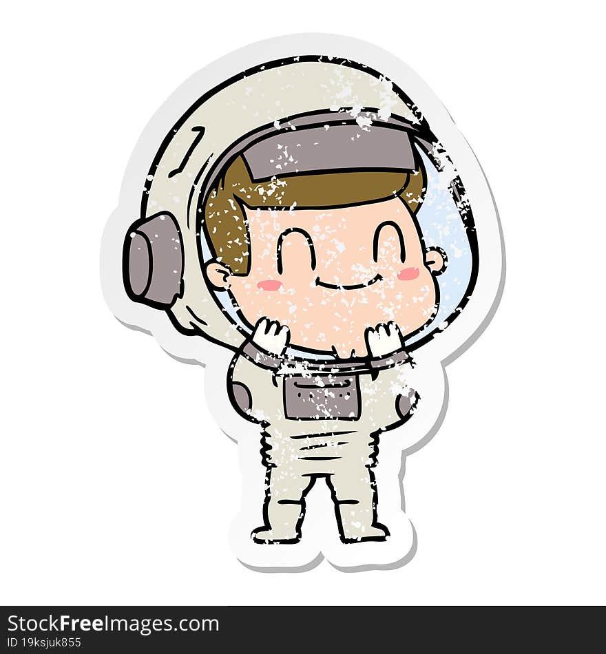 distressed sticker of a happy cartoon astronaut