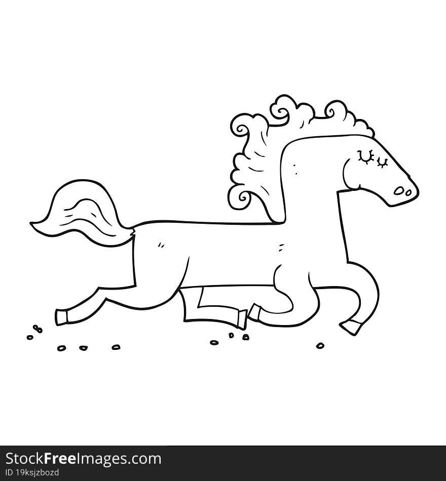 black and white cartoon running horse