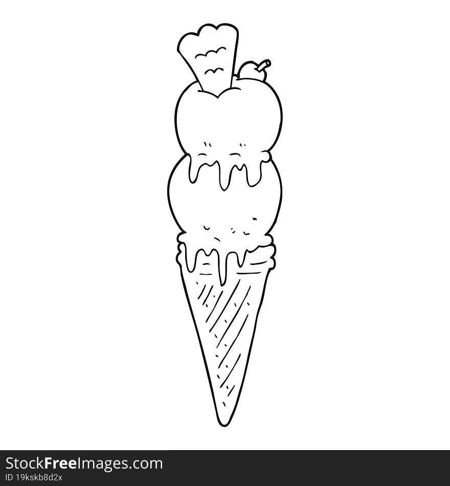 freehand drawn black and white cartoon ice cream cone