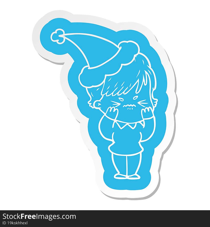 quirky cartoon  sticker of a frustrated woman wearing santa hat