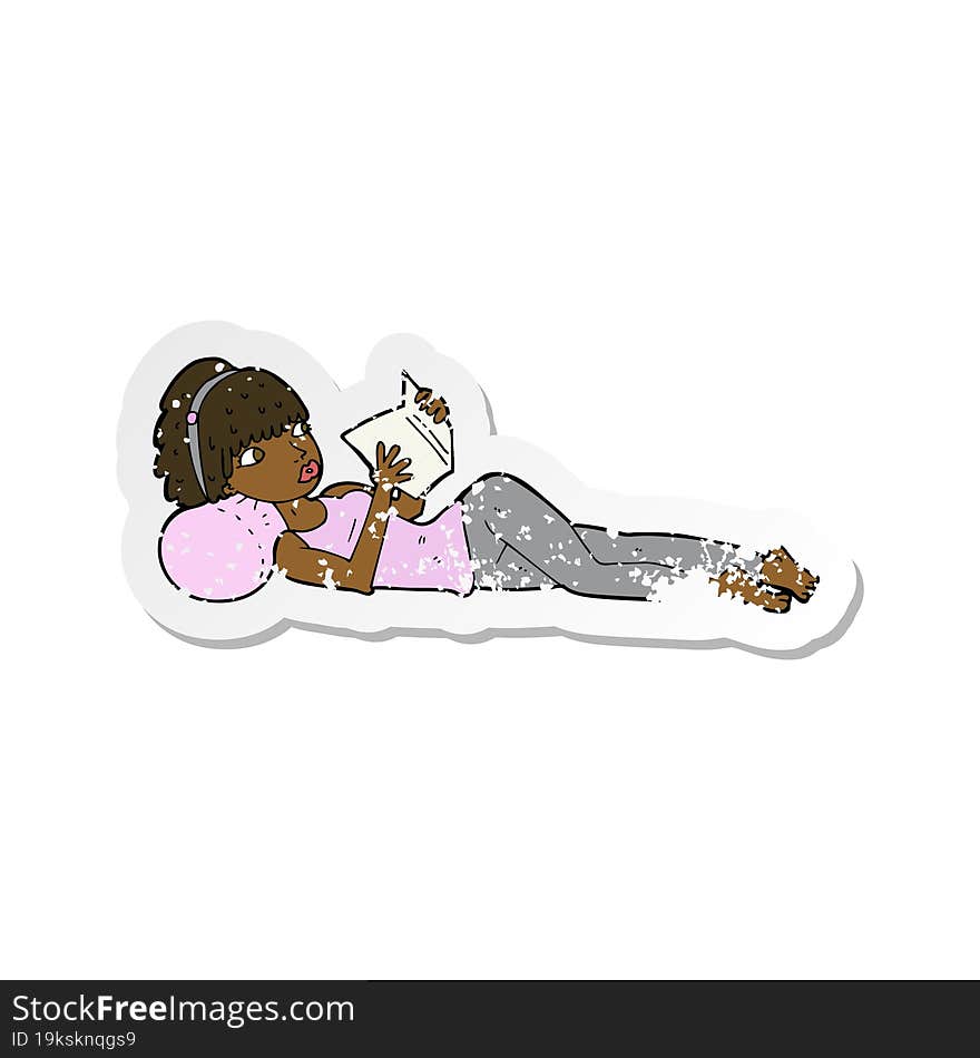 retro distressed sticker of a cartoon pretty woman reading book