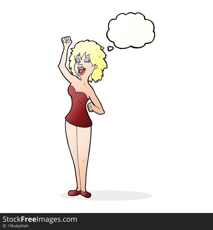 cartoon dancing woman with thought bubble