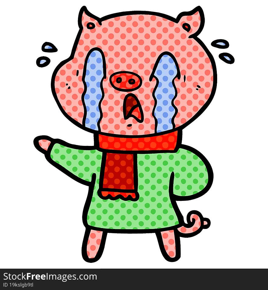 crying pig cartoon wearing human clothes. crying pig cartoon wearing human clothes