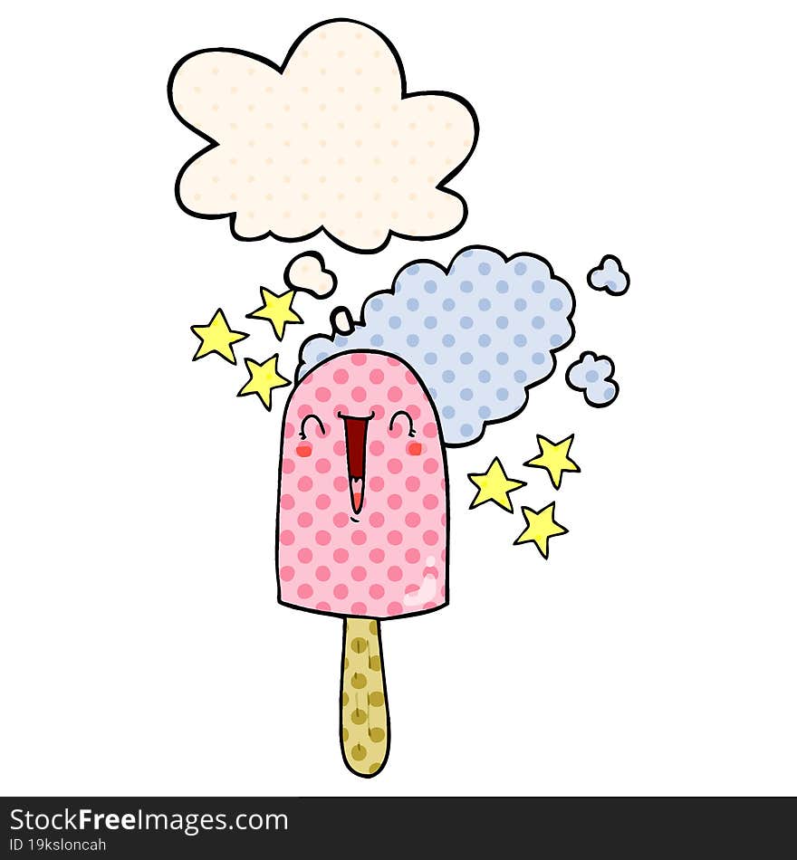 cute cartoon ice lolly with thought bubble in comic book style