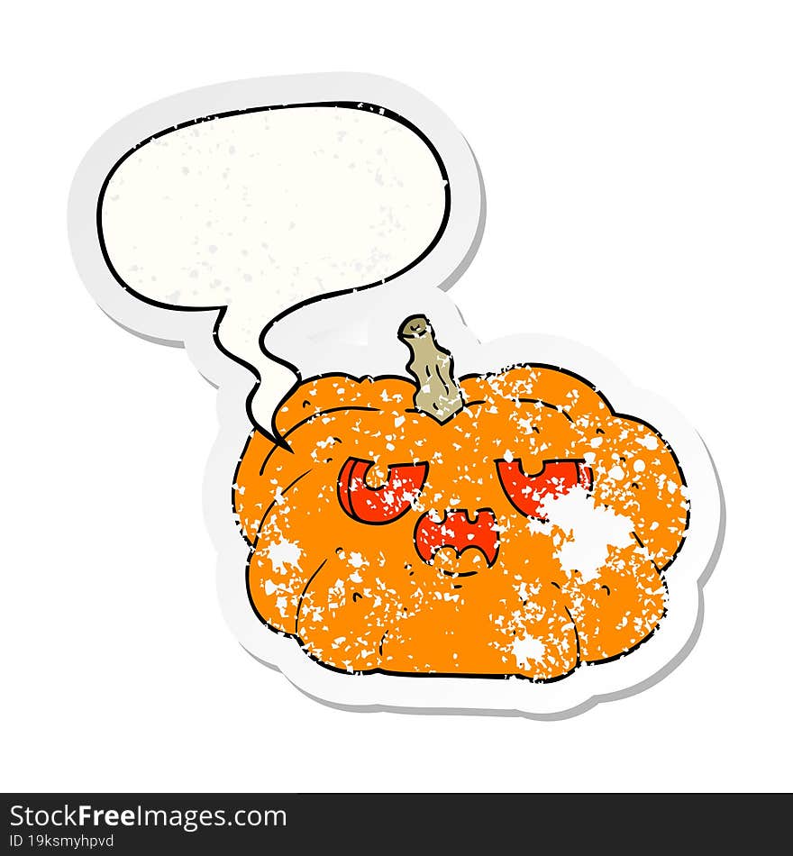 cartoon pumpkin and speech bubble distressed sticker