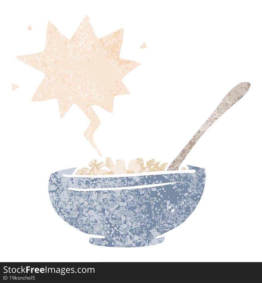 cartoon bowl of rice and speech bubble in retro textured style