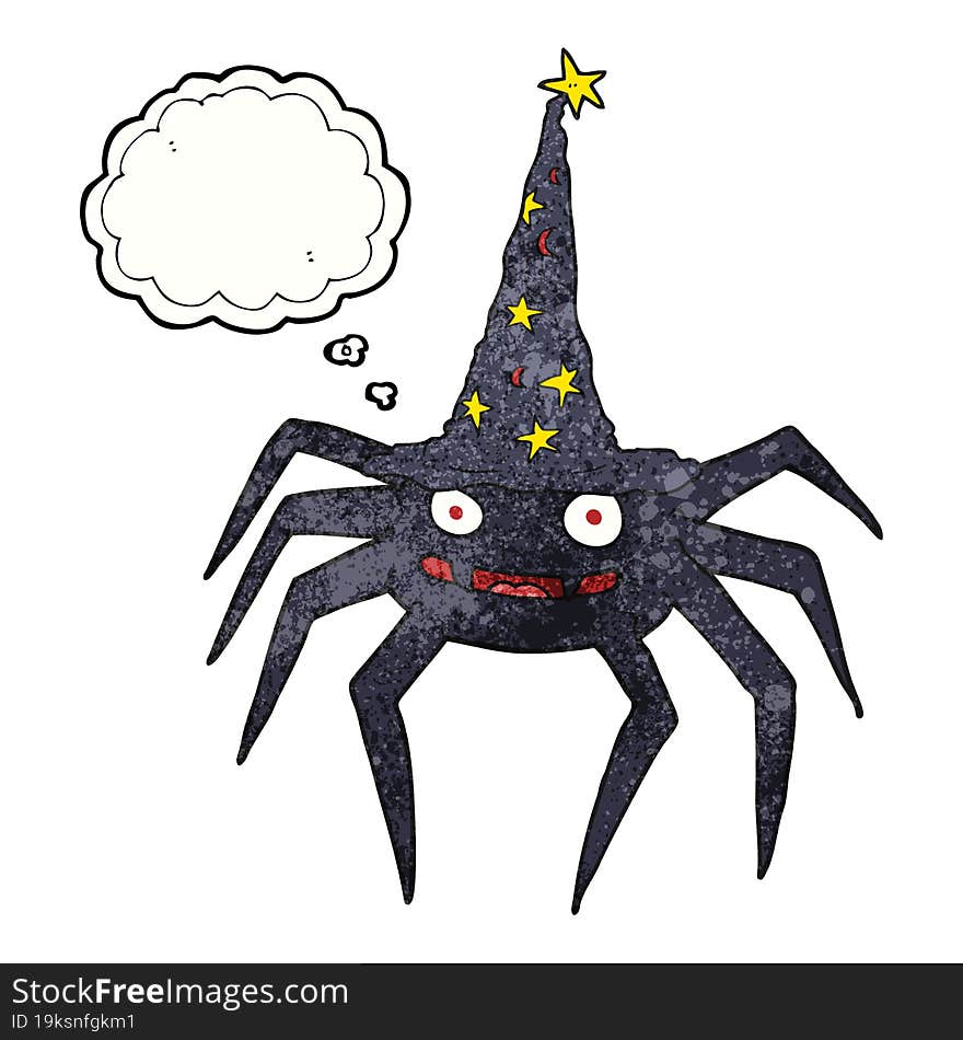 thought bubble textured cartoon halloween spider in witch hat