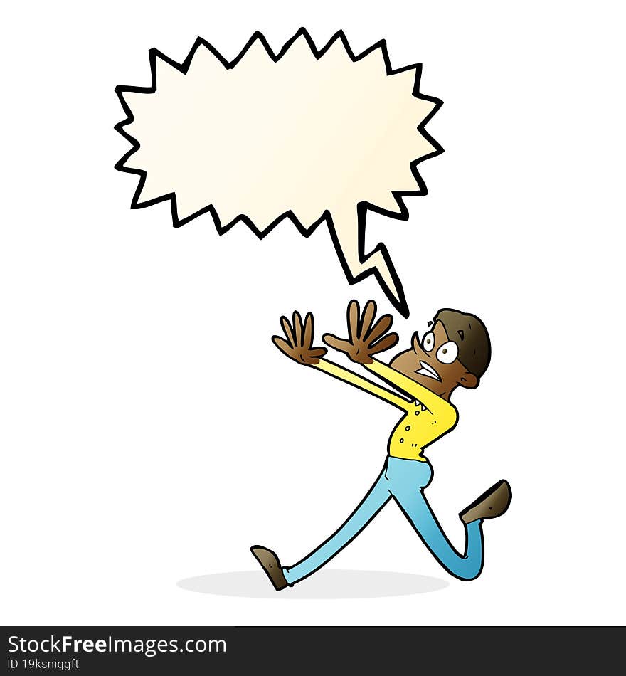 cartoon man running away with speech bubble