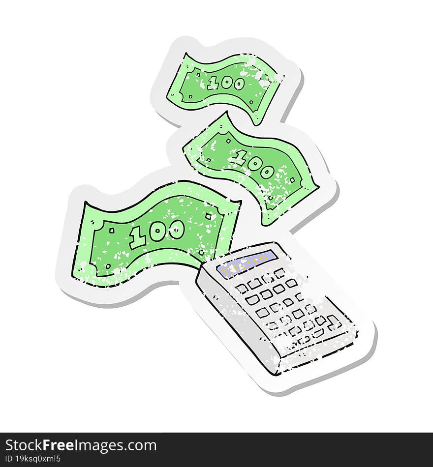 Retro Distressed Sticker Of A Cartoon Calculator Counting Money