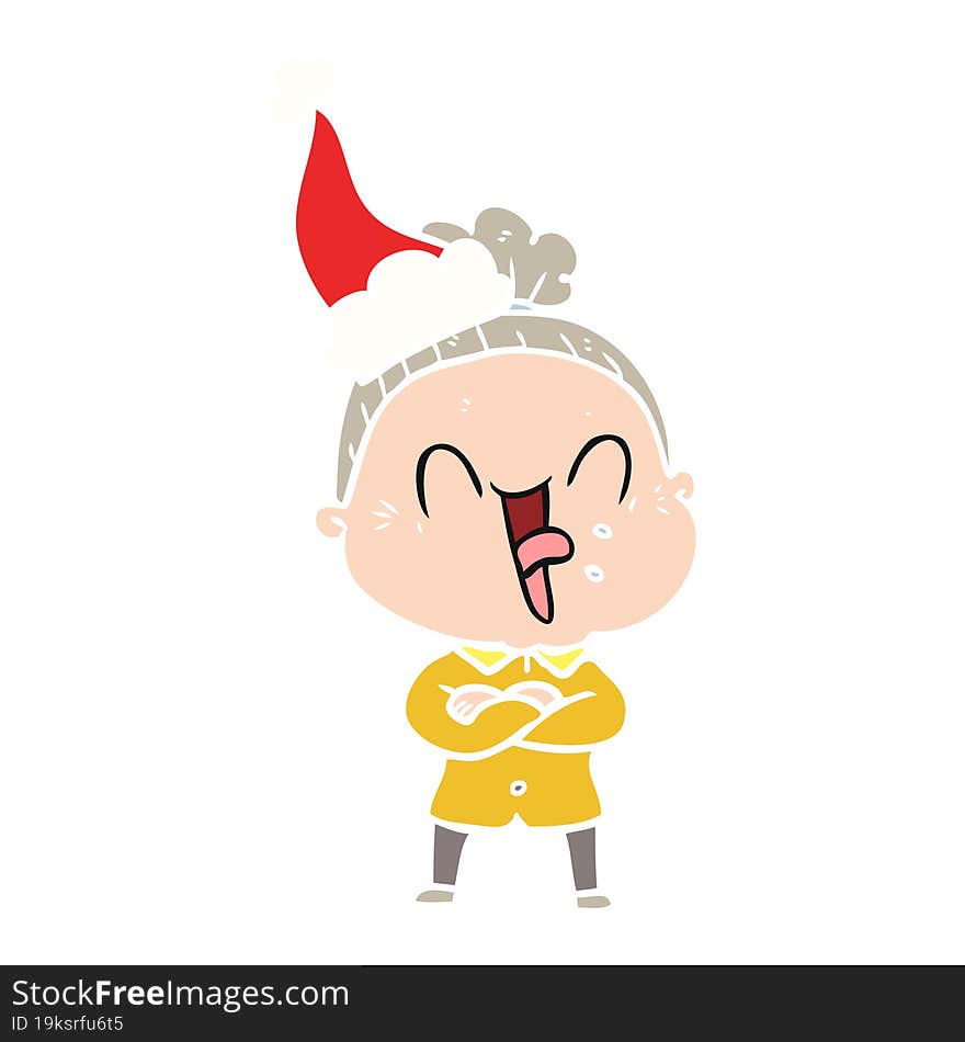 flat color illustration of a happy old woman wearing santa hat