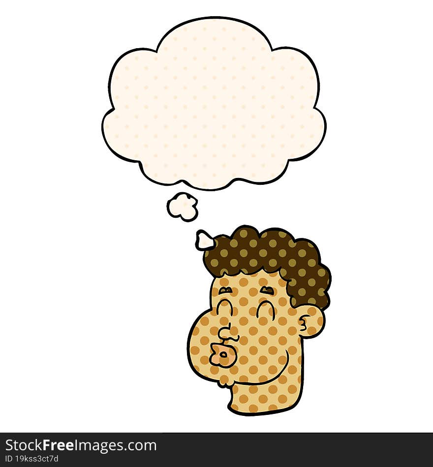 cartoon male face with thought bubble in comic book style