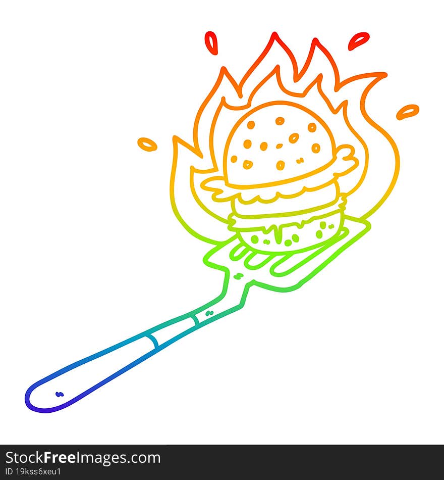 rainbow gradient line drawing of a cartoon flaming burger on spatula