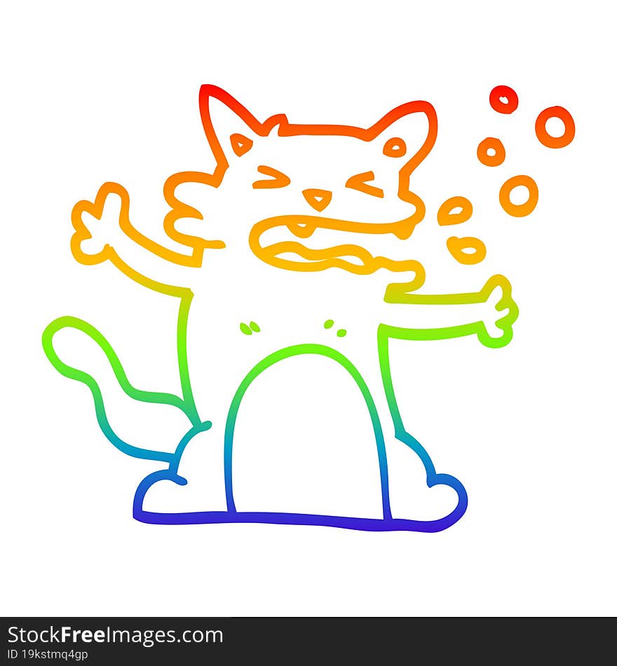 rainbow gradient line drawing of a cartoon hiccuping cat