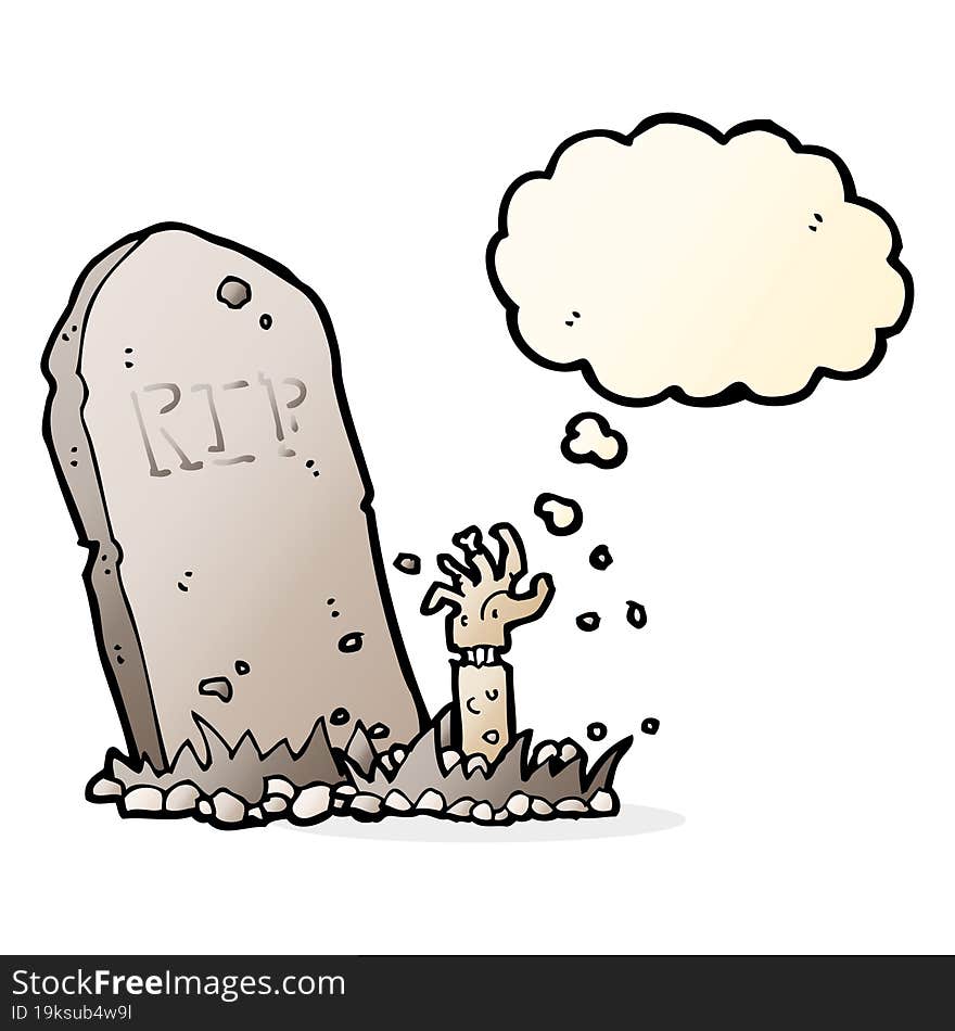 cartoon zombie rising from grave with thought bubble