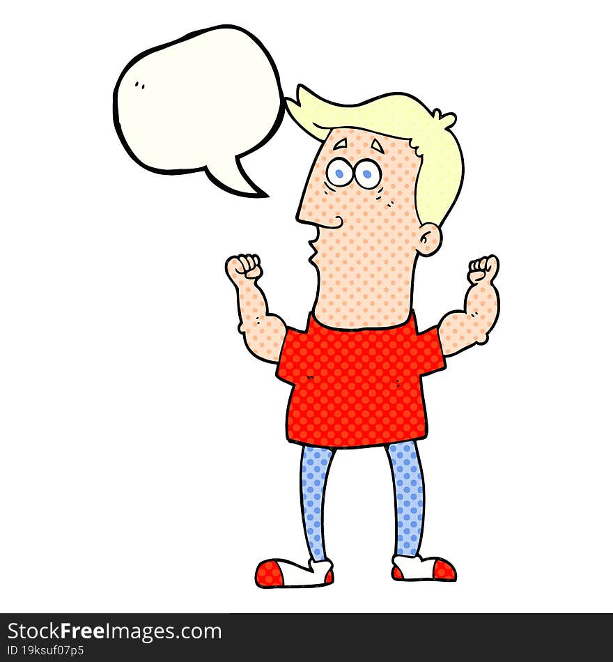 Comic Book Speech Bubble Cartoon Surprised Man Flexing Biceps