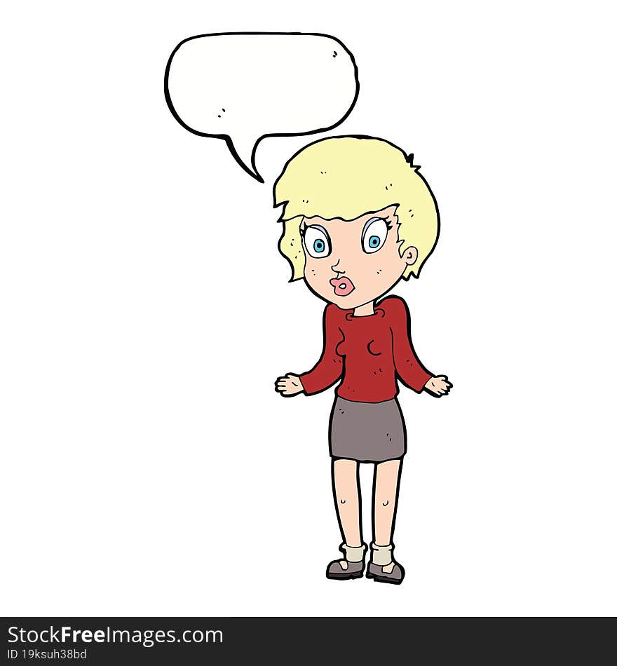 cartoon woman shrugging shoulders with speech bubble