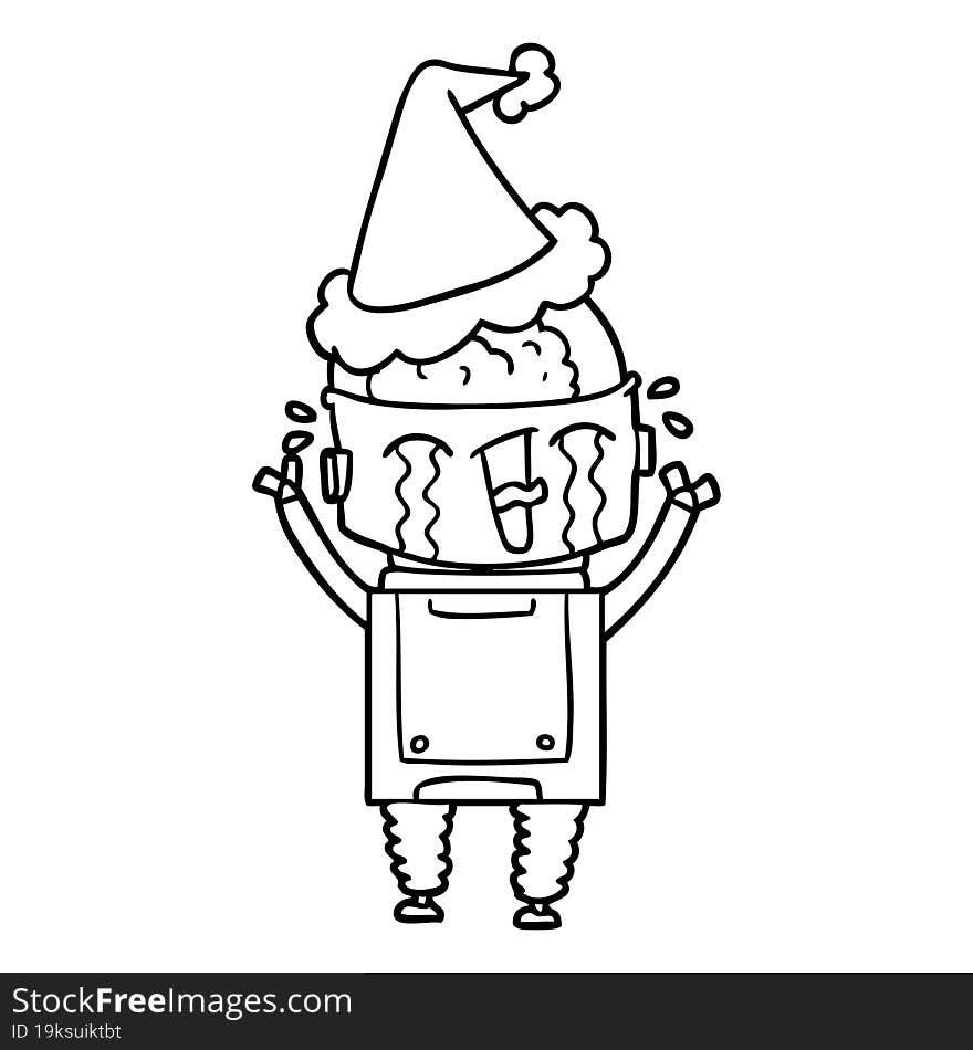 hand drawn line drawing of a crying robot wearing santa hat