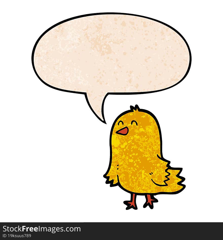 cartoon bird and speech bubble in retro texture style