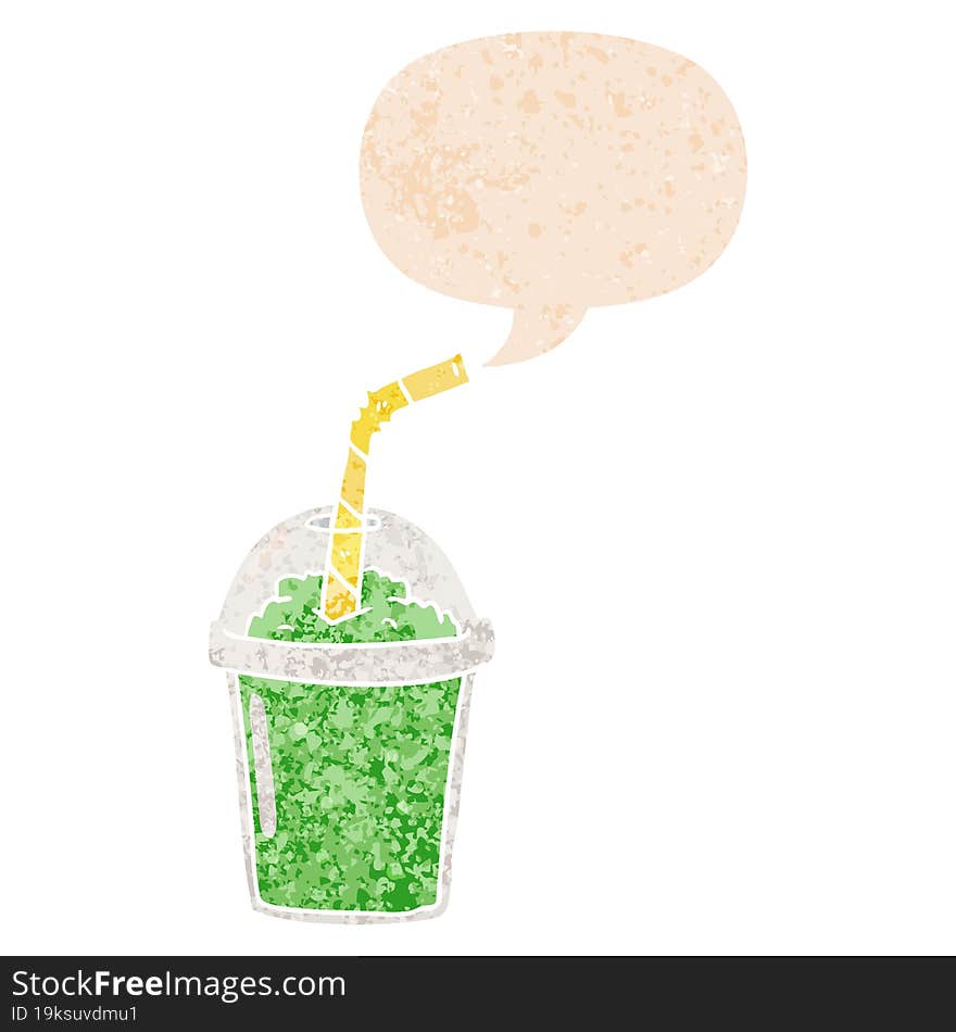 cartoon iced smoothie and speech bubble in retro textured style