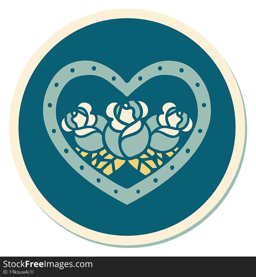 sticker of tattoo in traditional style of a heart and flowers. sticker of tattoo in traditional style of a heart and flowers