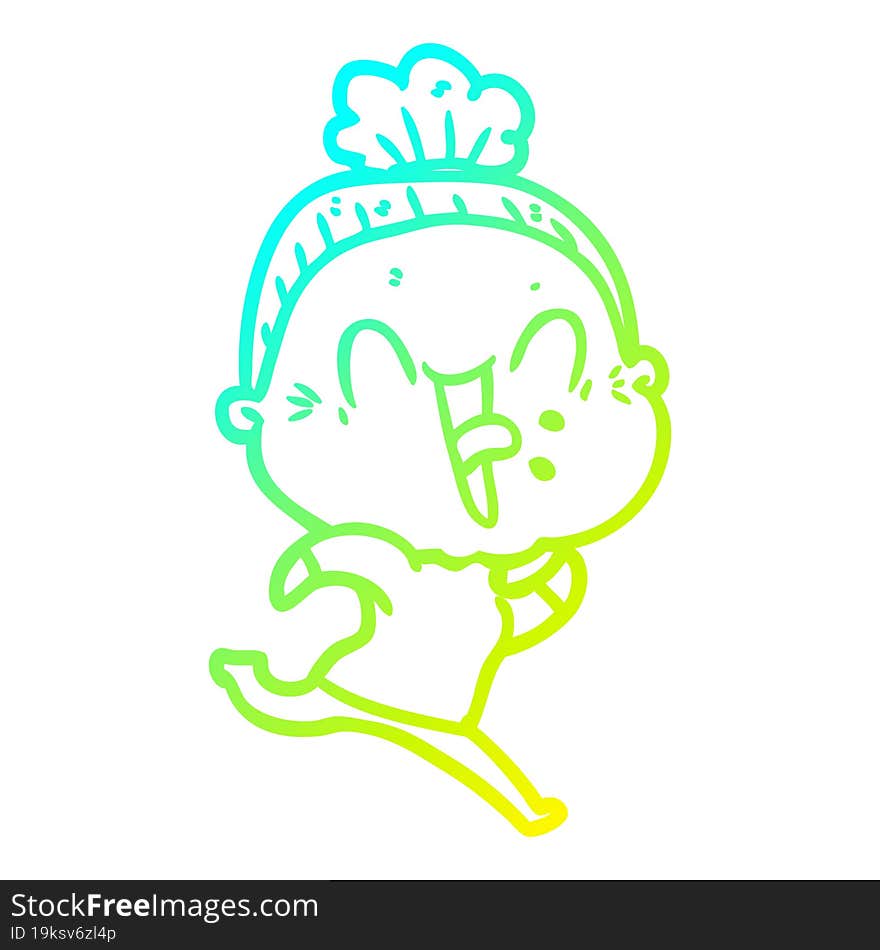 cold gradient line drawing of a cartoon happy old woman