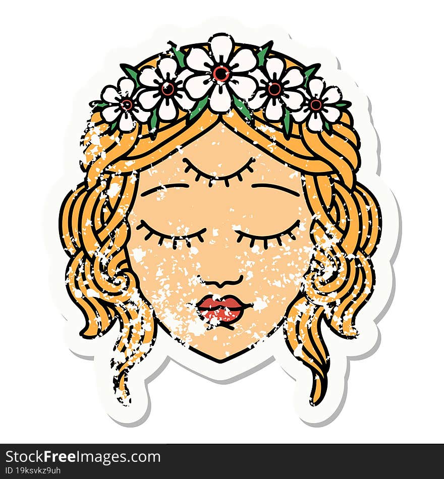 traditional distressed sticker tattoo of female face with third eye