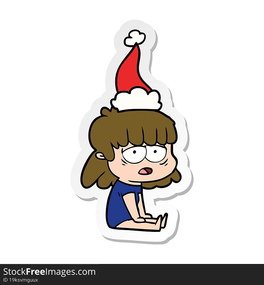 Sticker Cartoon Of A Tired Woman Wearing Santa Hat