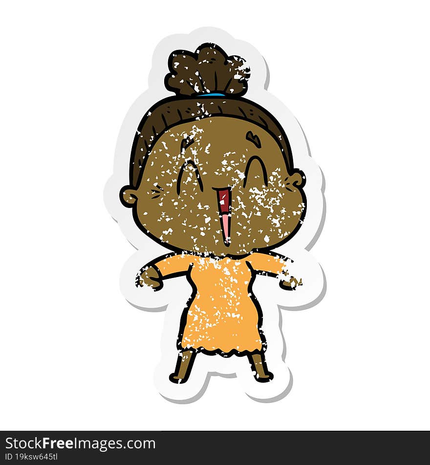 distressed sticker of a cartoon happy old lady