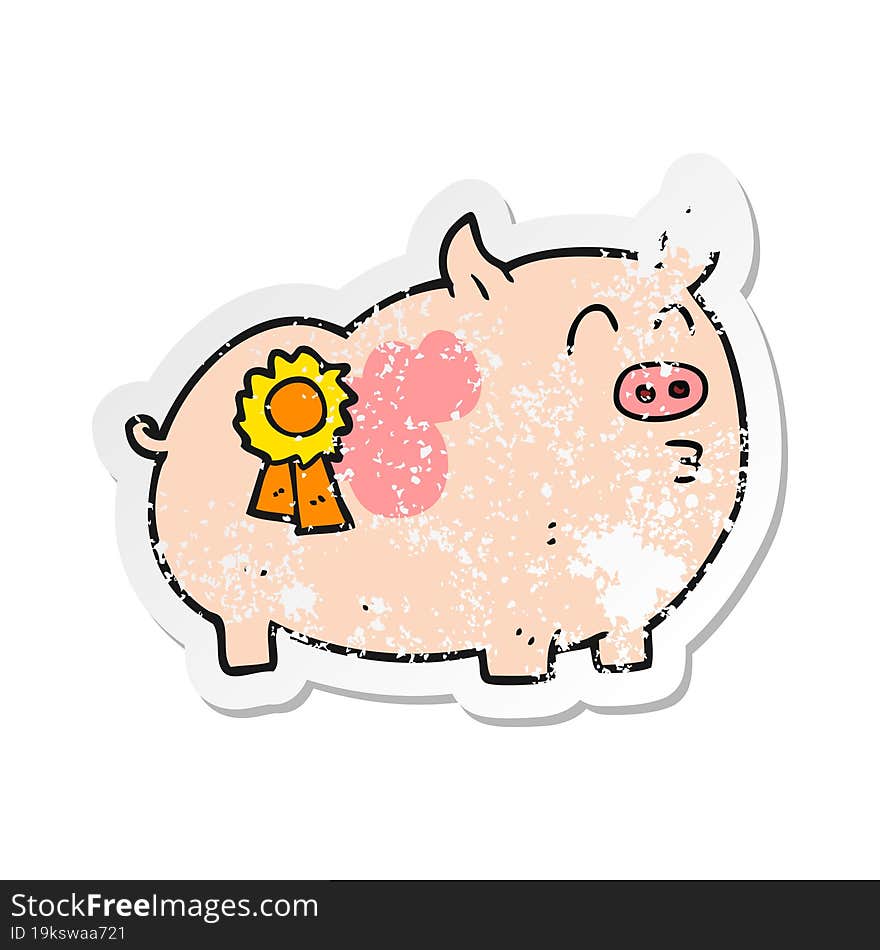 retro distressed sticker of a cartoon prize winning pig