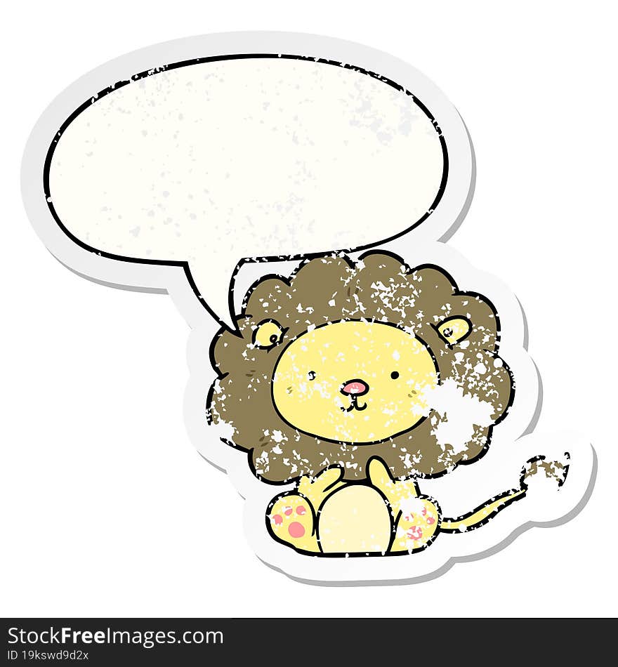 cute cartoon lion and speech bubble distressed sticker