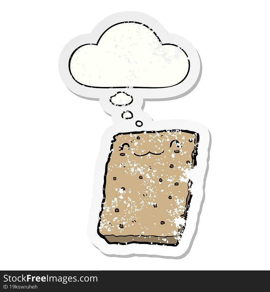 cartoon biscuit and thought bubble as a distressed worn sticker