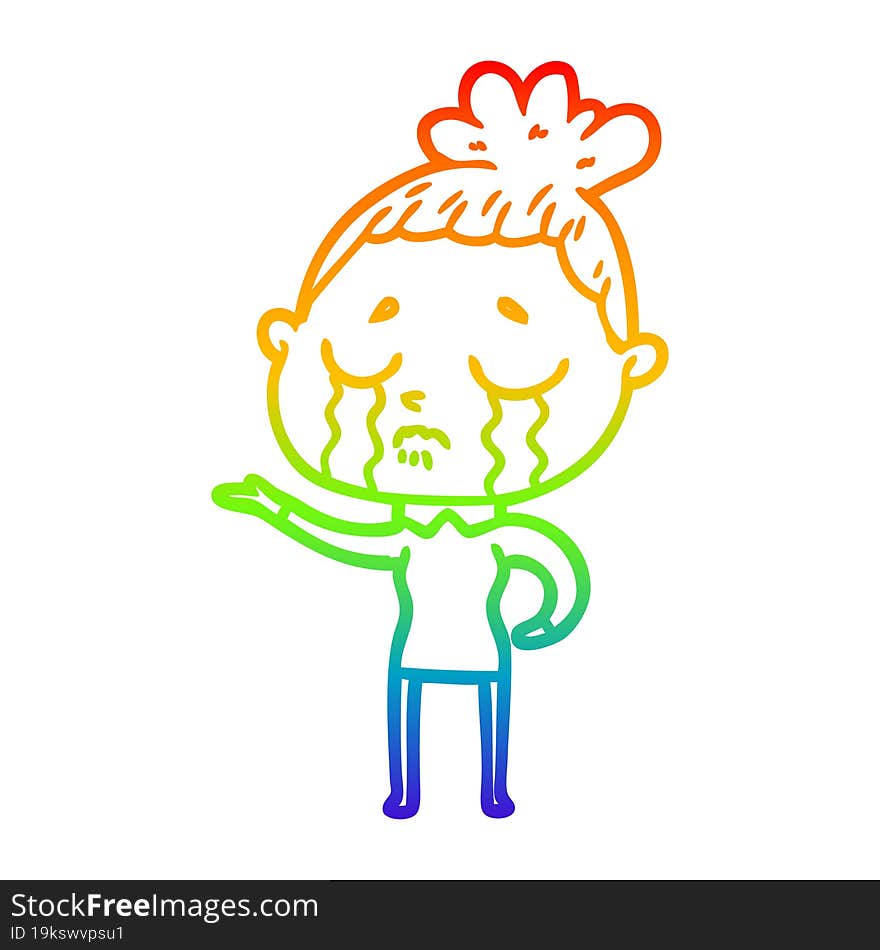 rainbow gradient line drawing of a cartoon crying woman