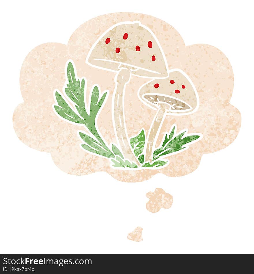 cartoon mushrooms and thought bubble in retro textured style