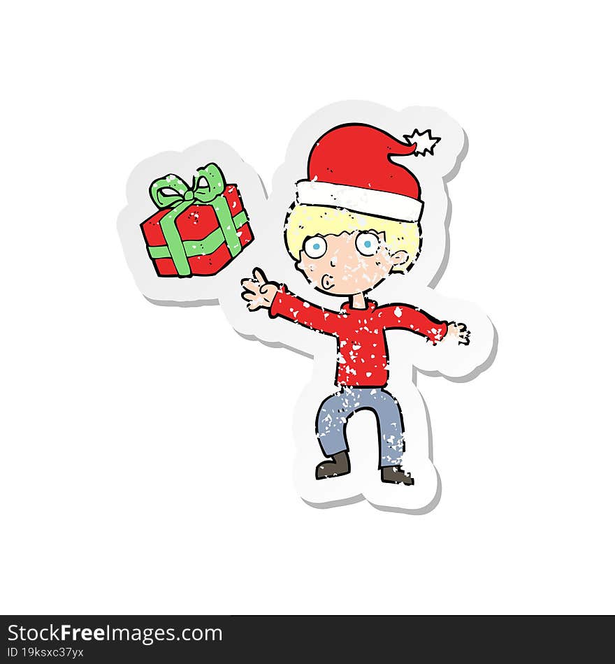 retro distressed sticker of a cartoon boy with present