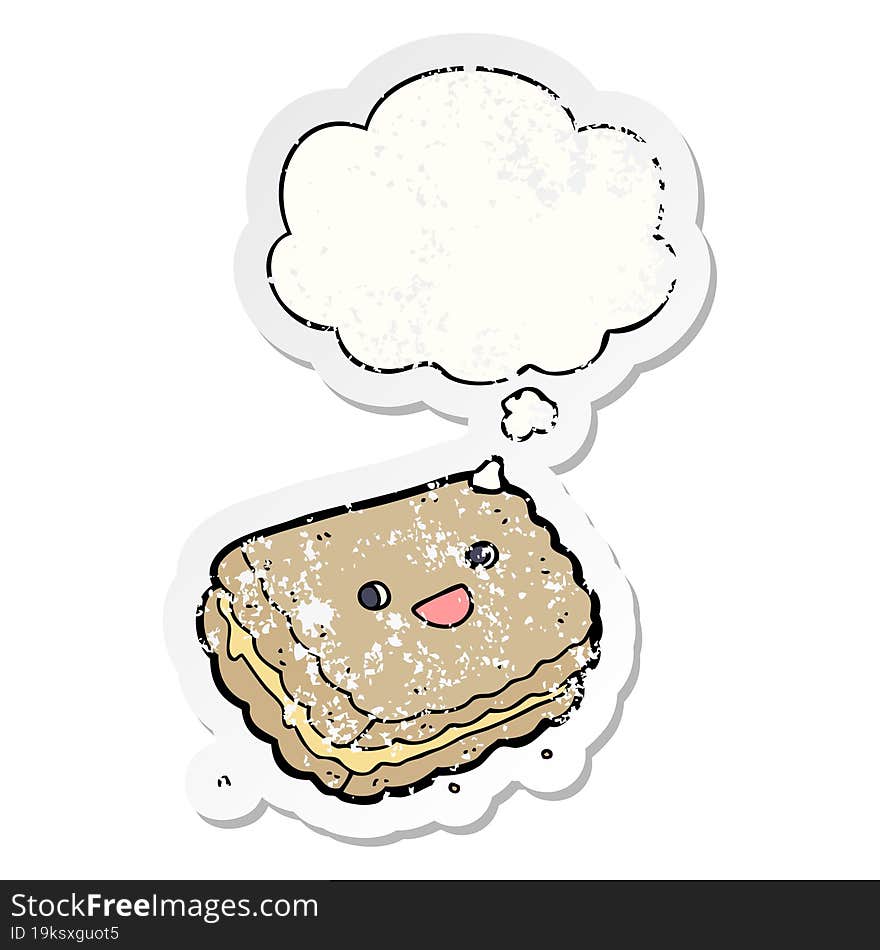 Cartoon Biscuit And Thought Bubble As A Distressed Worn Sticker