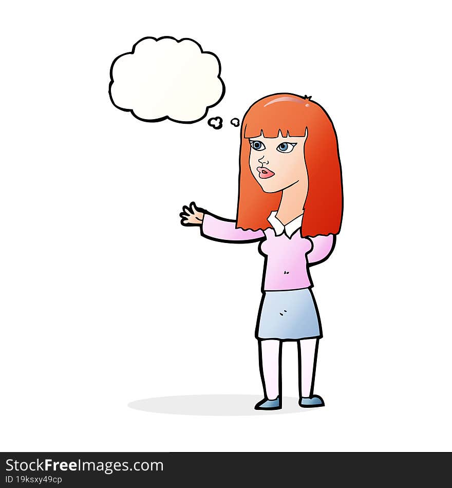 Cartoon Woman Gesturing To Show Something With Thought Bubble