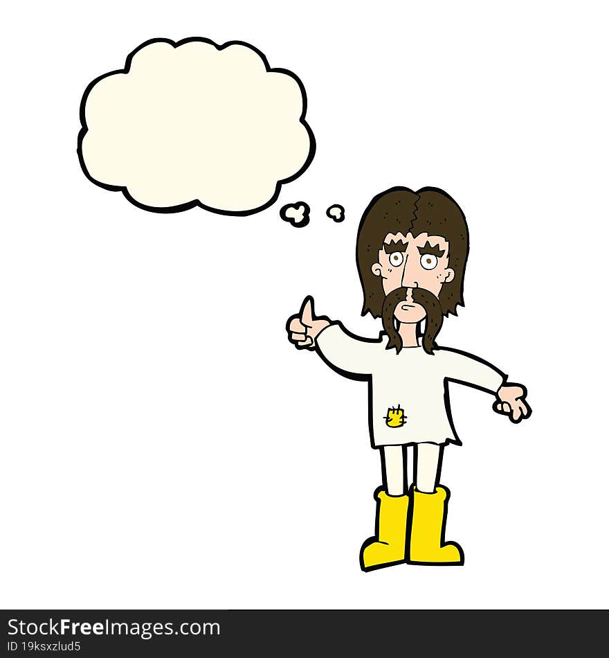 cartoon hippie man giving thumbs up symbol with thought bubble