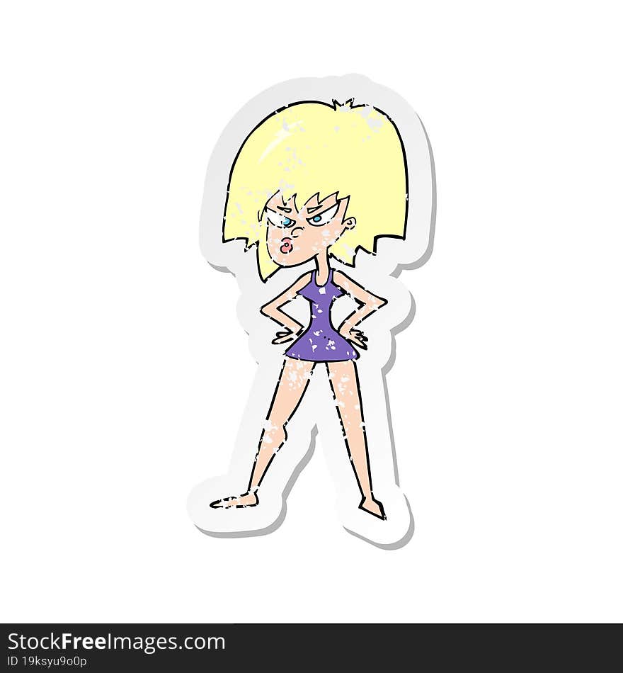 Retro Distressed Sticker Of A Cartoon Angry Woman In Dress