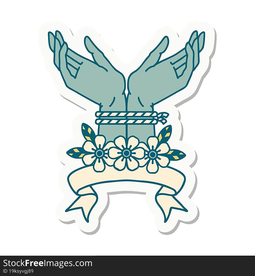 tattoo style sticker with banner of hands tied