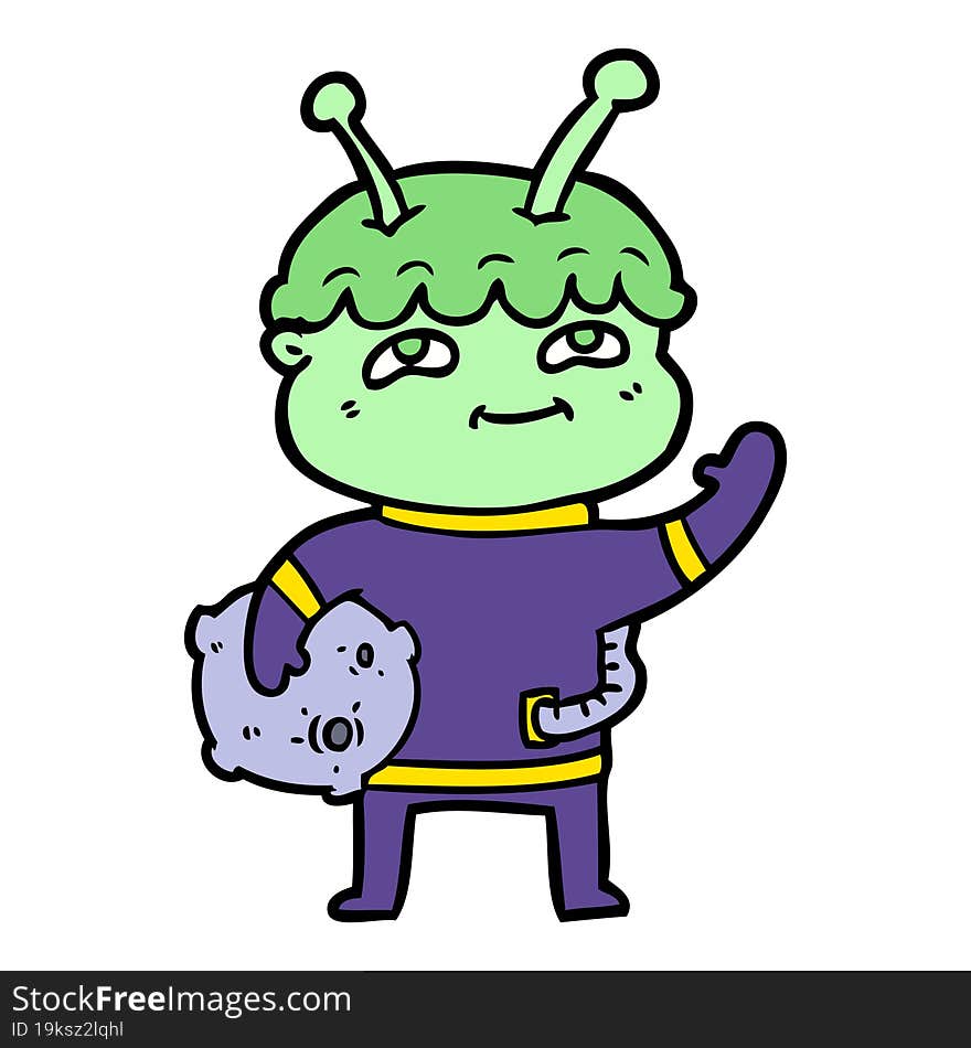 friendly cartoon spaceman waving. friendly cartoon spaceman waving