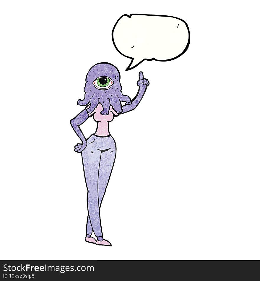 speech bubble textured cartoon female alien with raised hand