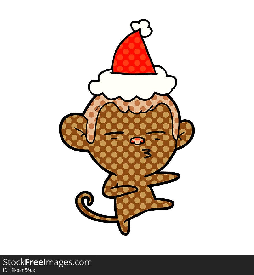 comic book style illustration of a suspicious monkey wearing santa hat