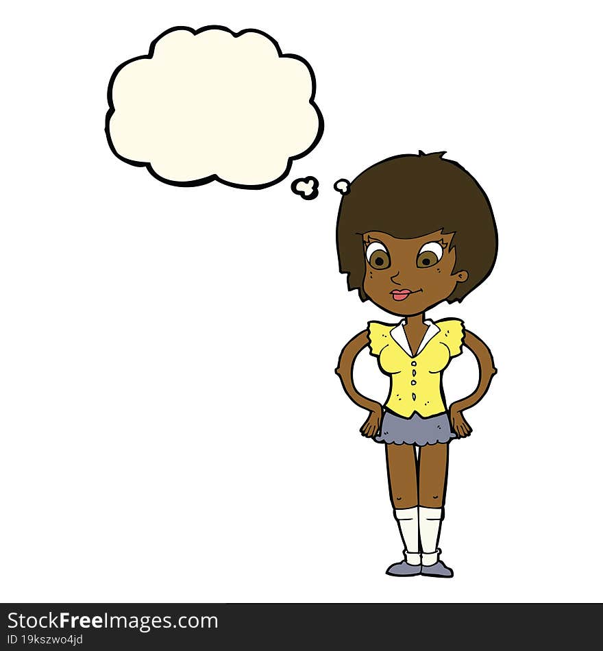 cartoon pretty woman with hands on hips with thought bubble