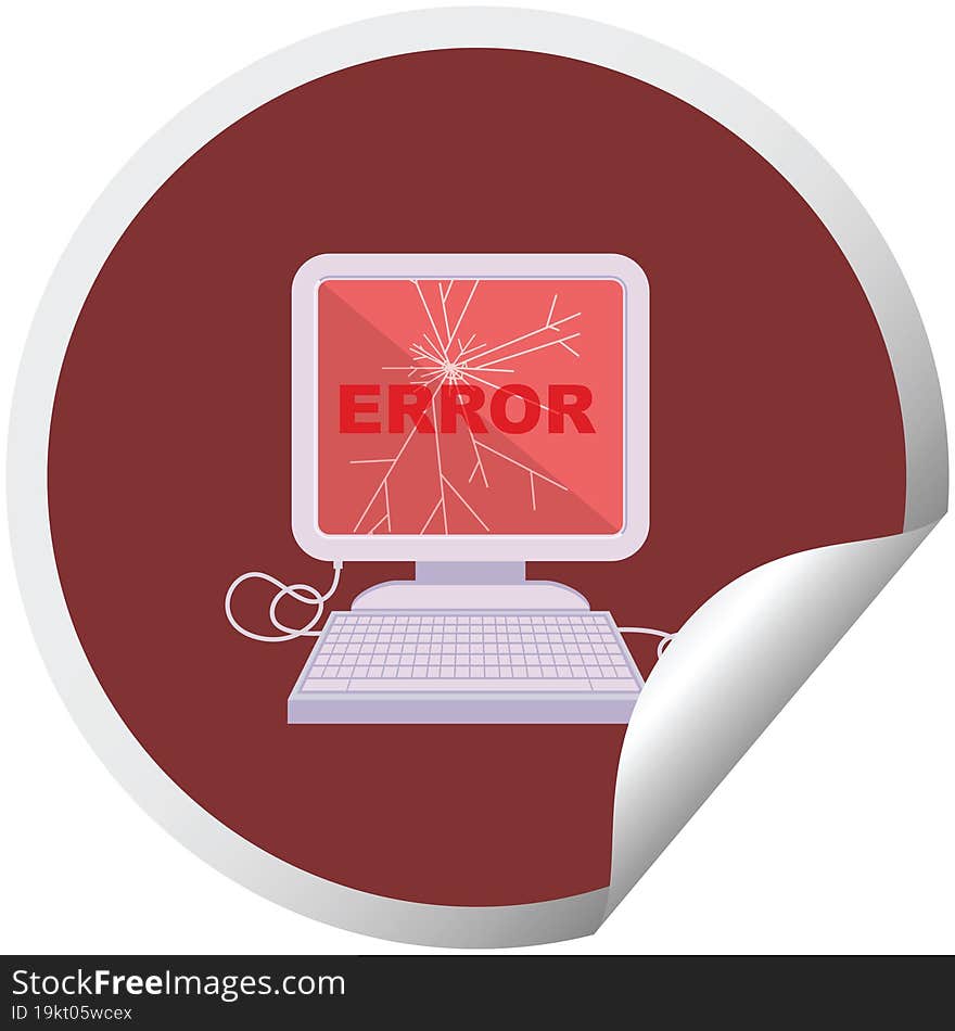 broken computer graphic vector illustration circular sticker. broken computer graphic vector illustration circular sticker