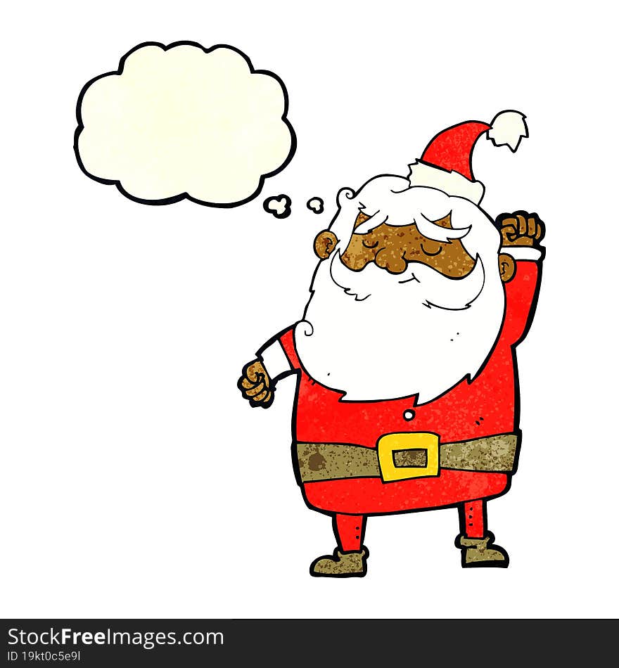 cartoon santa claus punching air with thought bubble