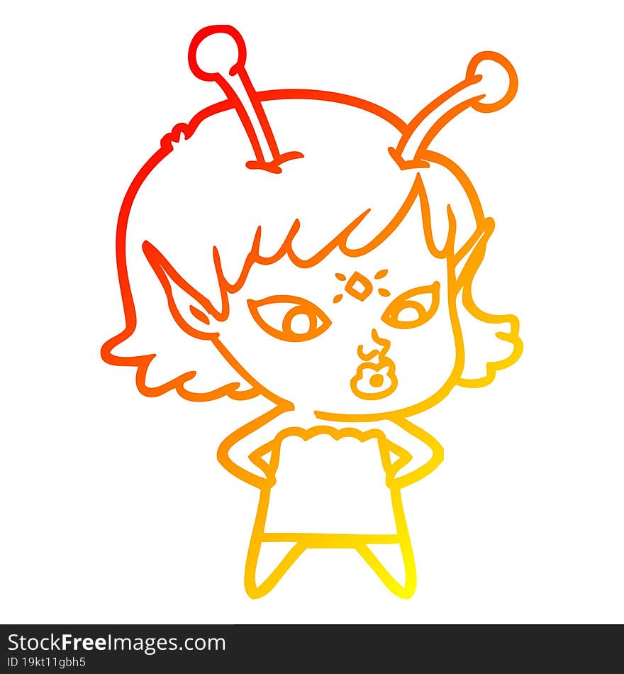 warm gradient line drawing pretty cartoon alien girl