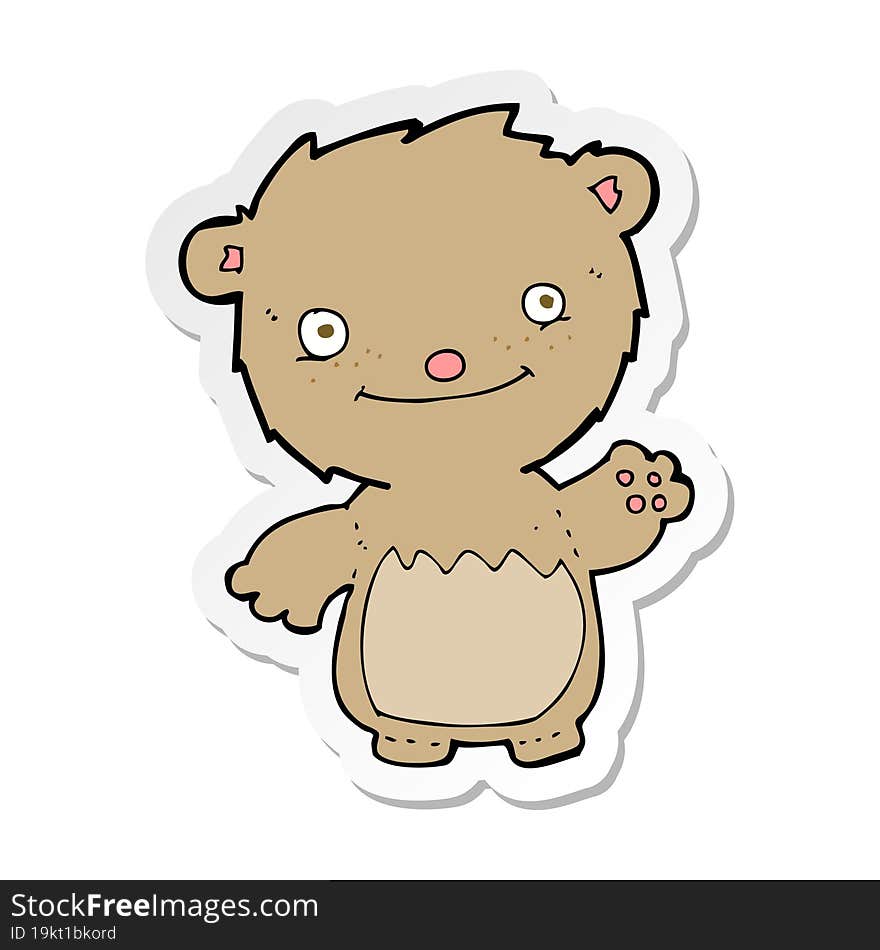 sticker of a cartoon waving teddy bear